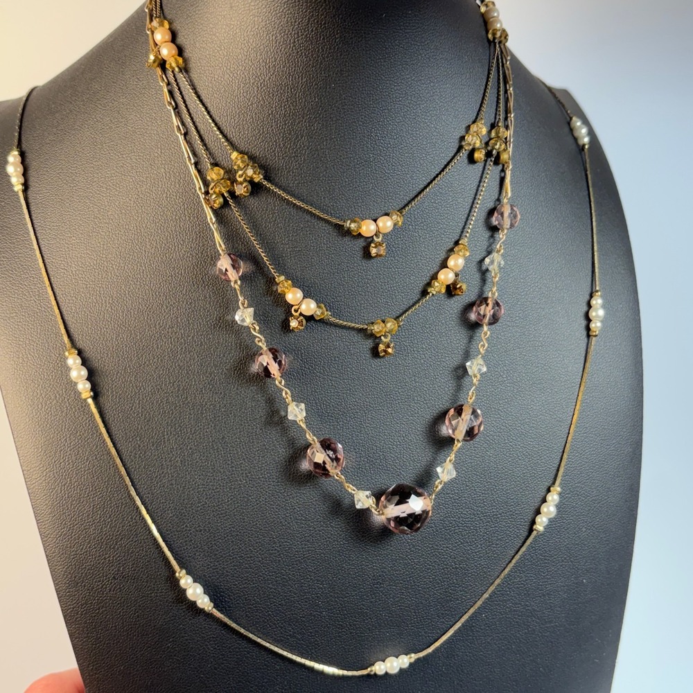 Necklace Lot‎ Gold Tone Pearl Lavender Cut Glass Beads Delicate Romantic